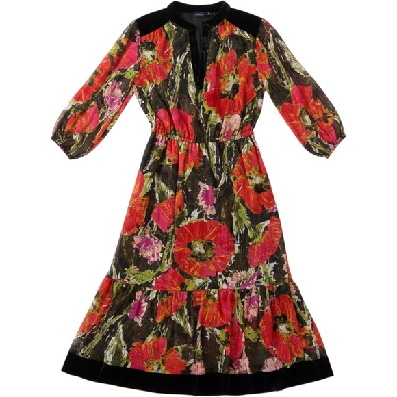 Kaari Blue Dresses & Skirts - Kaari Blue Floral Poppy Shimmer Midi Dress Velvet Accent Boho‎ Whimsygoth S